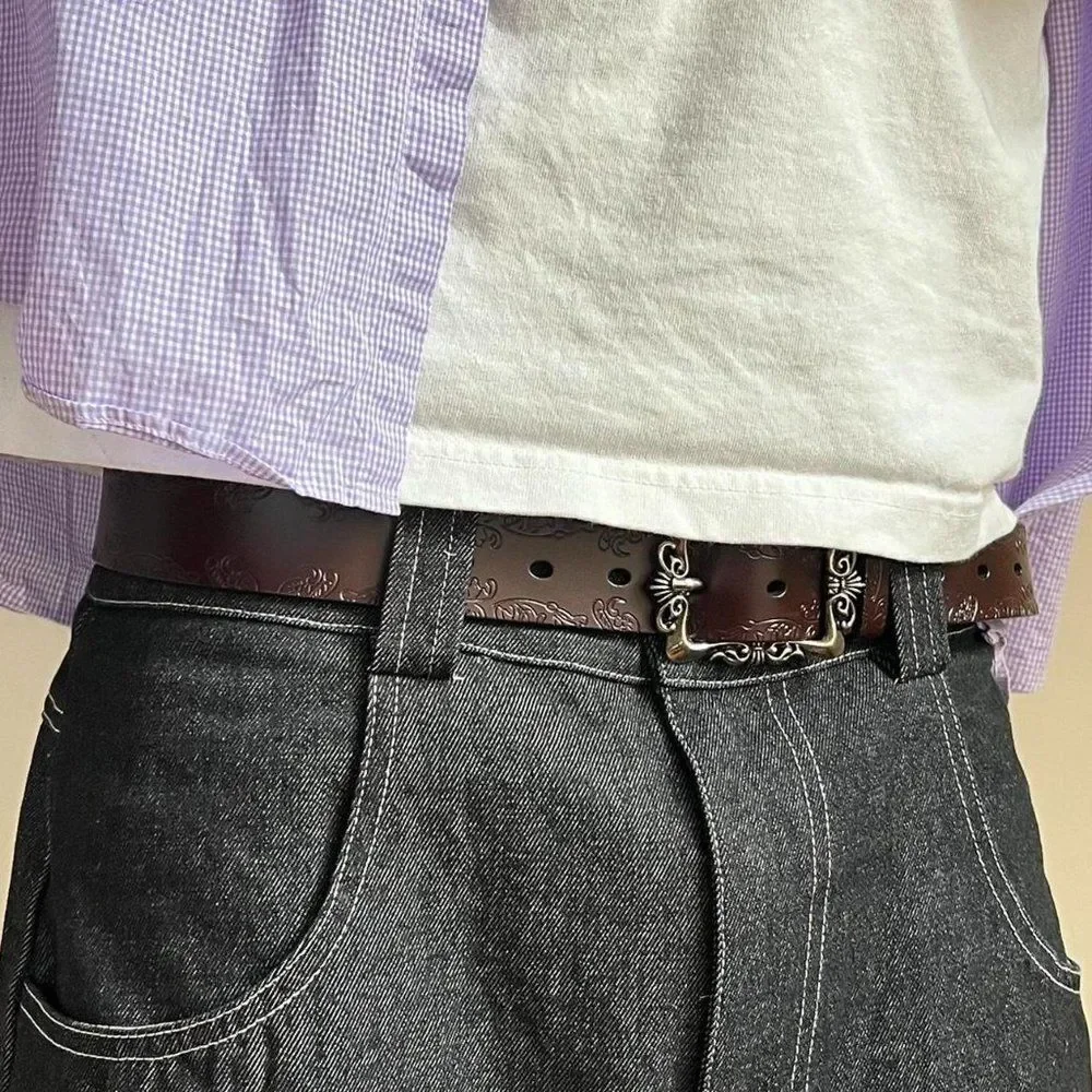 vintage style brown american western floral design belt